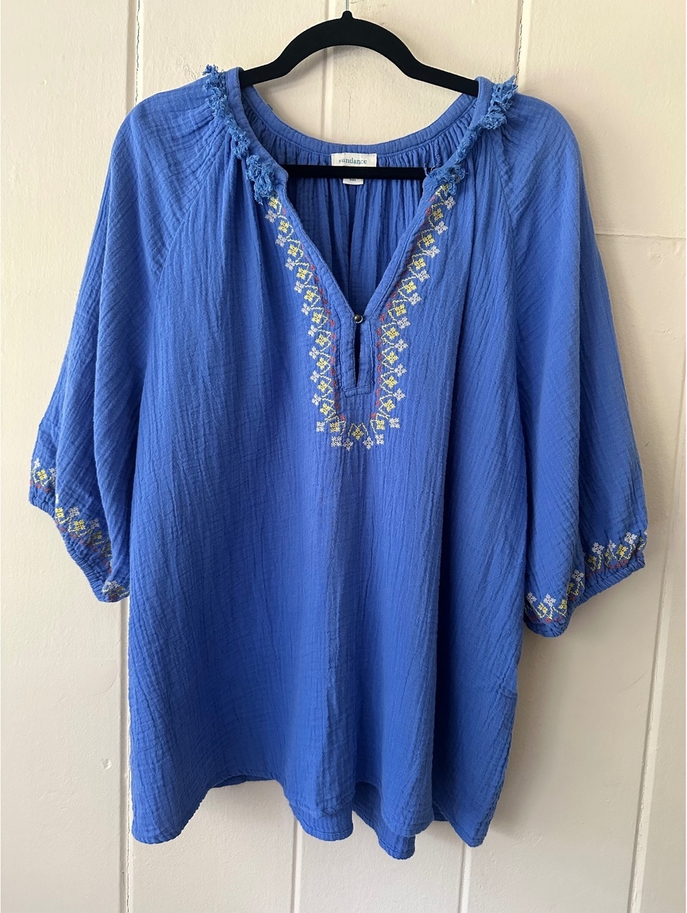 Sundance Catalog Embroidered Cotton Gauze Boho Peasant Top Blouse Blue Size XL